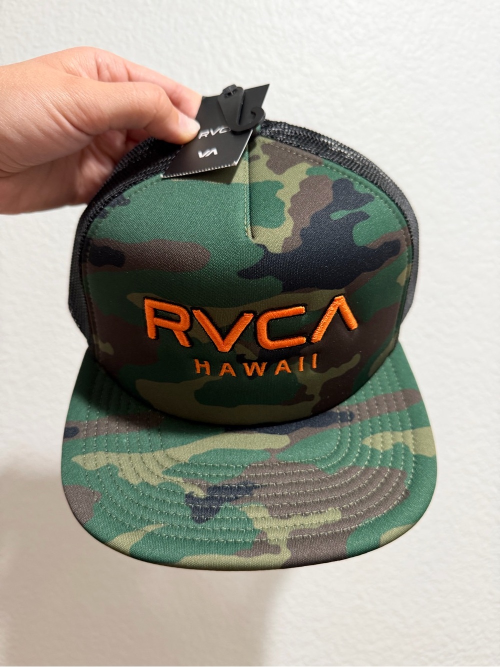 RVCA Hawaii Camo Trucker Hat with Orange Logo